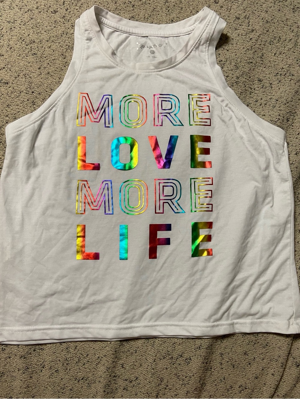 Orangetheory White Tank with Iridescent Rainbow 'MORE LOVE MORE LIFE' Graphic